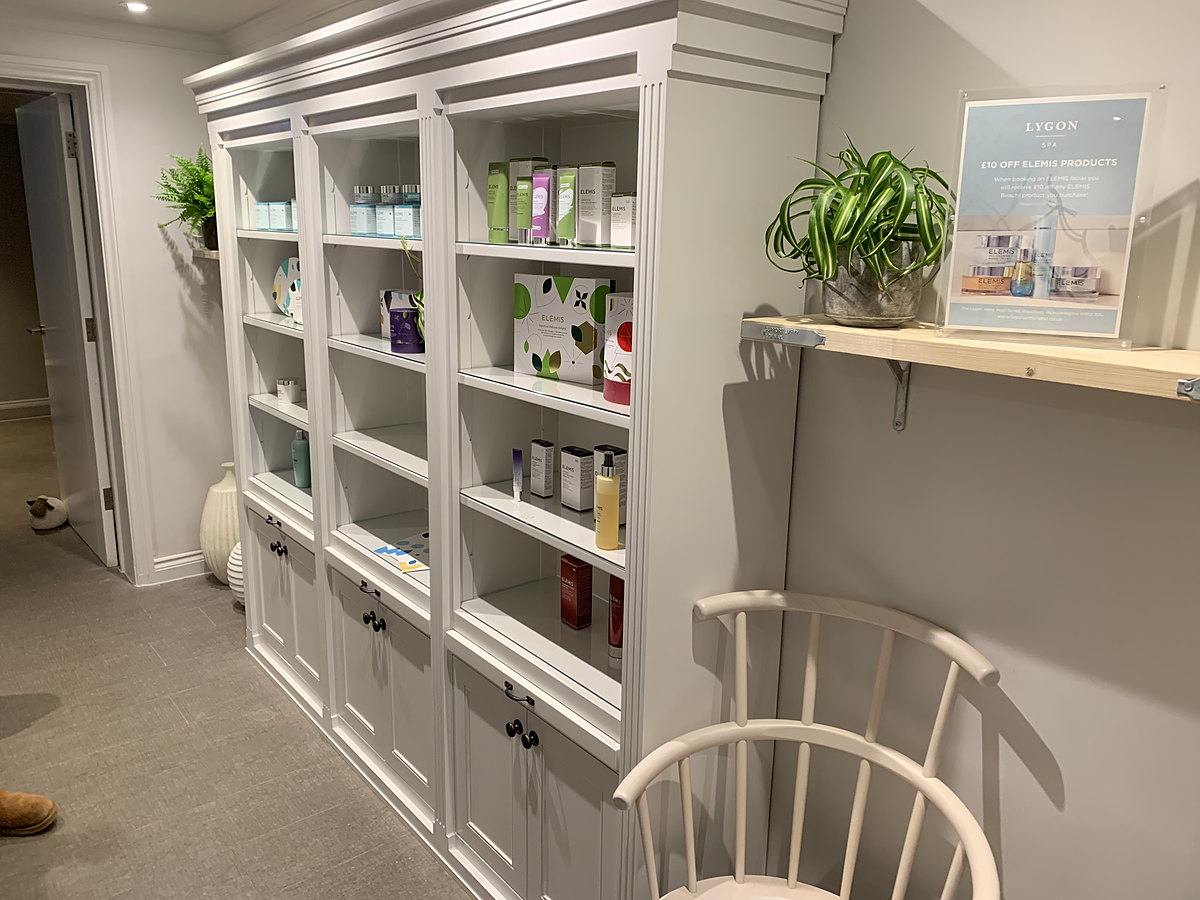 Bespoke glazed display cabinetry MSO made and installed for the Lygon Spa